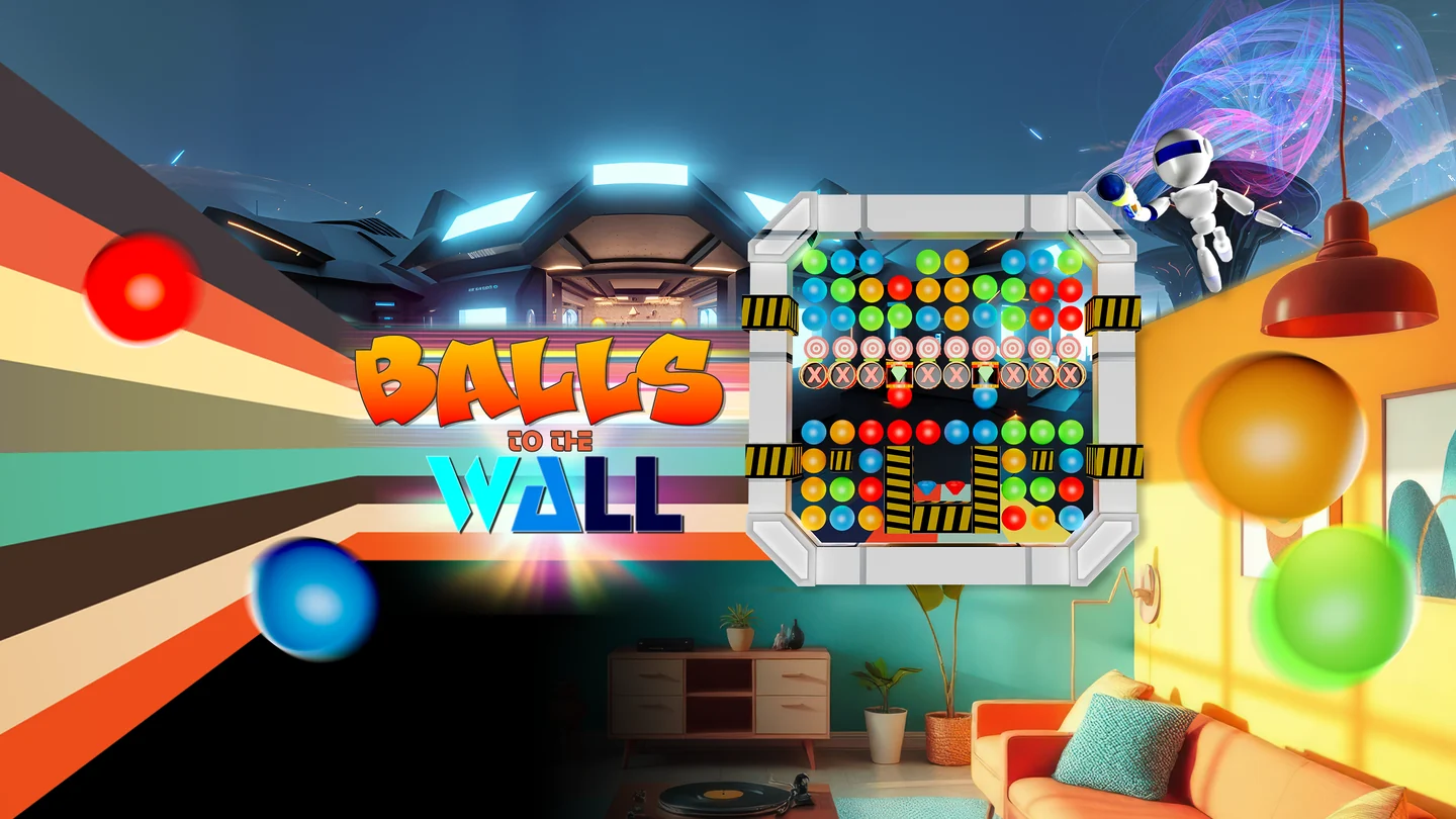 Balls To The Wall artwork: a colorful marble board and robot in a mixed reality room.