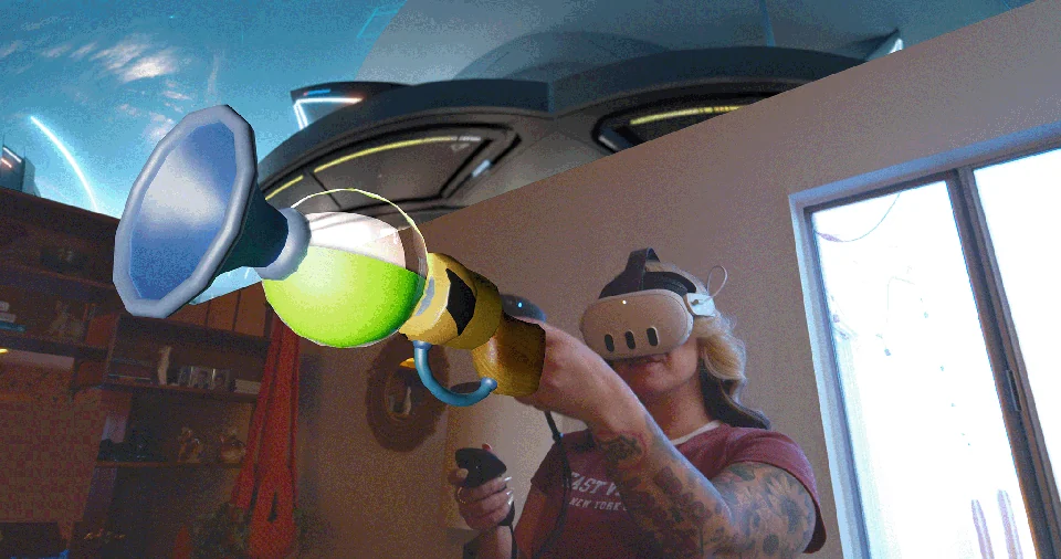 A headset player aiming at floating marbles in a room.